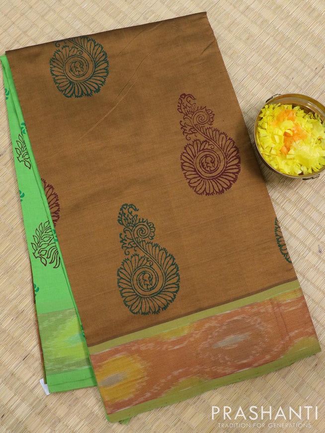 Semi silk cotton saree honey shade and light green with butta prints and ikat zari woven border - {{ collection.title }} by Prashanti Sarees