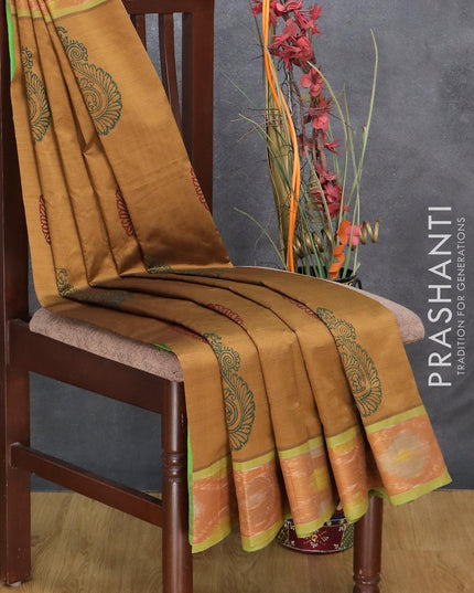 Semi silk cotton saree honey shade and light green with butta prints and ikat zari woven border - {{ collection.title }} by Prashanti Sarees