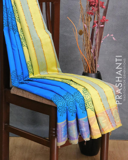 Semi silk cotton saree light blue and lime yellow with butta prints and ikat woven zari border - {{ collection.title }} by Prashanti Sarees