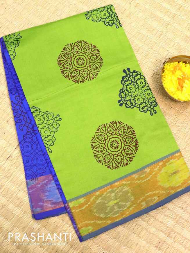 Semi silk cotton saree light green and blue with butta prints and ikat woven zari border - {{ collection.title }} by Prashanti Sarees