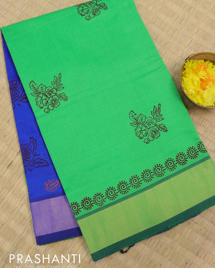 Semi silk cotton saree light green and blue with floral butta prints and zari woven border - {{ collection.title }} by Prashanti Sarees