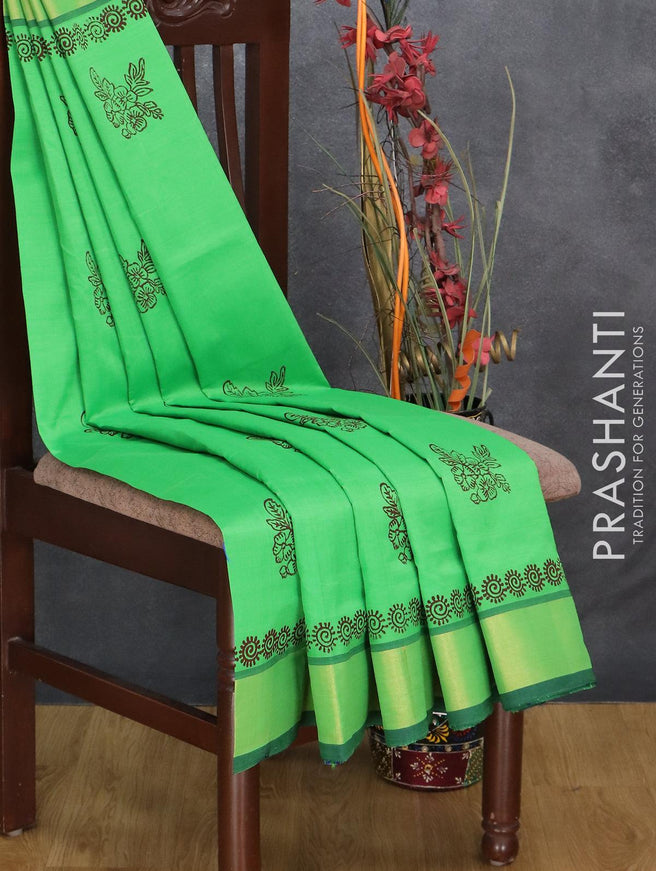 Semi silk cotton saree light green and blue with floral butta prints and zari woven border - {{ collection.title }} by Prashanti Sarees