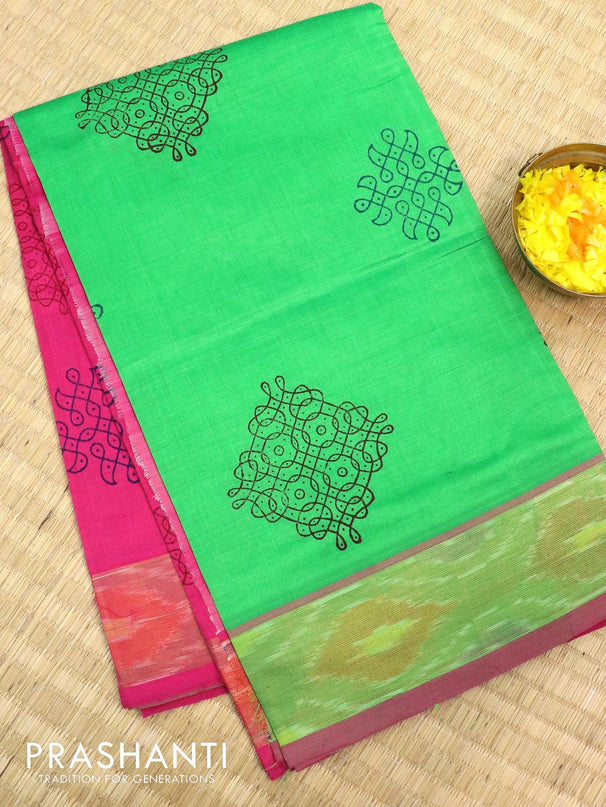 Semi silk cotton saree light green and pink with butta prints and ikat woven zari border - {{ collection.title }} by Prashanti Sarees