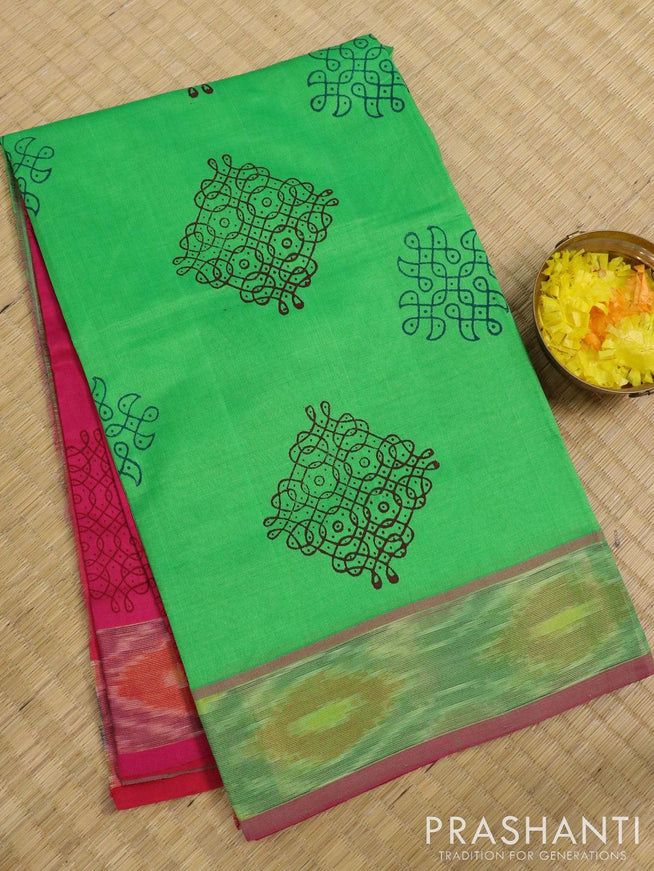 Semi silk cotton saree light green and pink with butta prints and ikat woven zari border - {{ collection.title }} by Prashanti Sarees