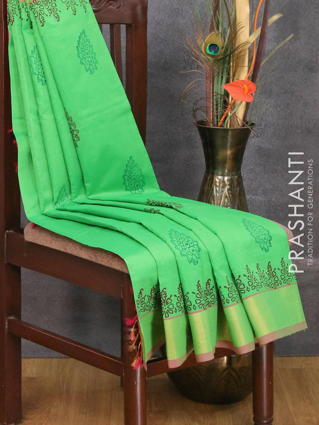 Semi silk cotton saree light green and pink with butta prints and zari woven border - {{ collection.title }} by Prashanti Sarees