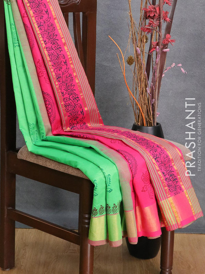 Semi silk cotton saree light green and pink with butta prints and zari woven border - {{ collection.title }} by Prashanti Sarees