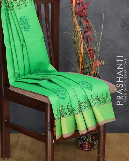 Semi silk cotton saree light green and pink with floral butta prints and zari woven border - {{ collection.title }} by Prashanti Sarees
