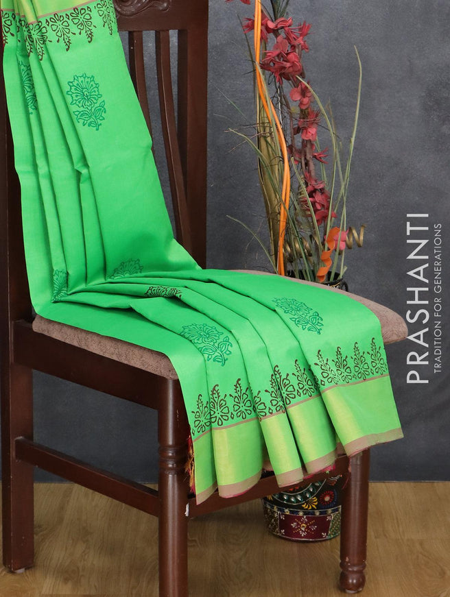 Semi silk cotton saree light green and pink with floral butta prints and zari woven border - {{ collection.title }} by Prashanti Sarees