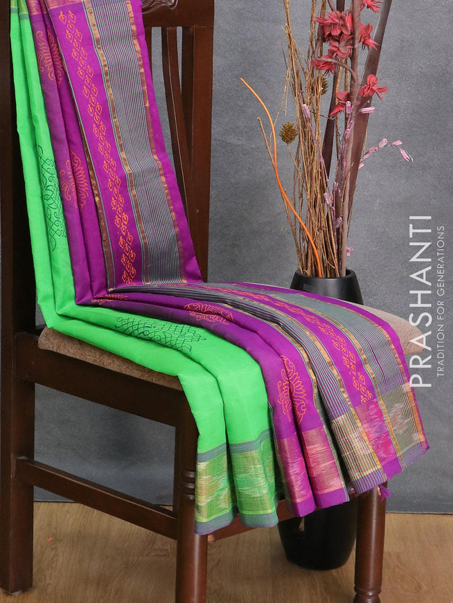 Semi silk cotton saree light green and purple with butta prints and ikat woven zari border - {{ collection.title }} by Prashanti Sarees