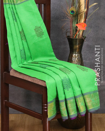 Semi silk cotton saree light green and purple with floral butta prints and ikat woven zari border - {{ collection.title }} by Prashanti Sarees