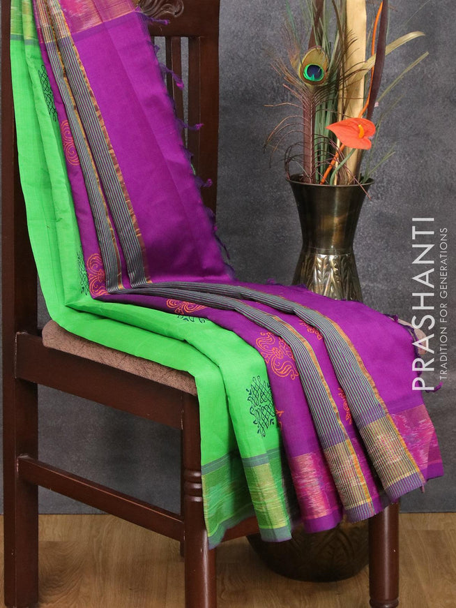 Semi silk cotton saree light green and purple with floral butta prints and ikat woven zari border - {{ collection.title }} by Prashanti Sarees