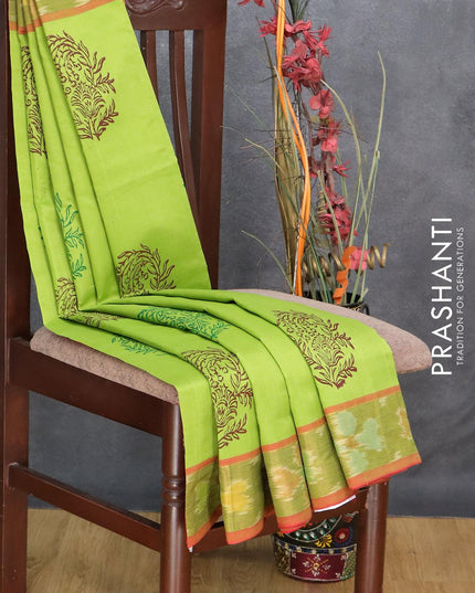 Semi silk cotton saree light green and red with butta prints and ikat woven zari border - {{ collection.title }} by Prashanti Sarees