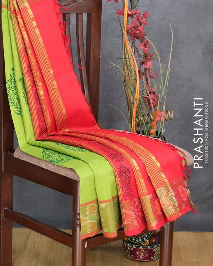 Semi silk cotton saree light green and red with butta prints and ikat woven zari border - {{ collection.title }} by Prashanti Sarees