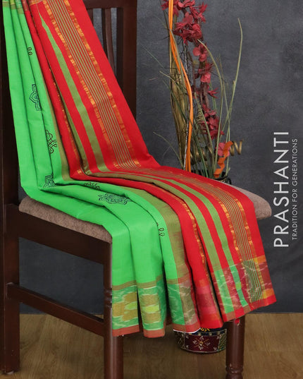 Semi silk cotton saree light green and red with butta prints and ikat zari woven border - {{ collection.title }} by Prashanti Sarees