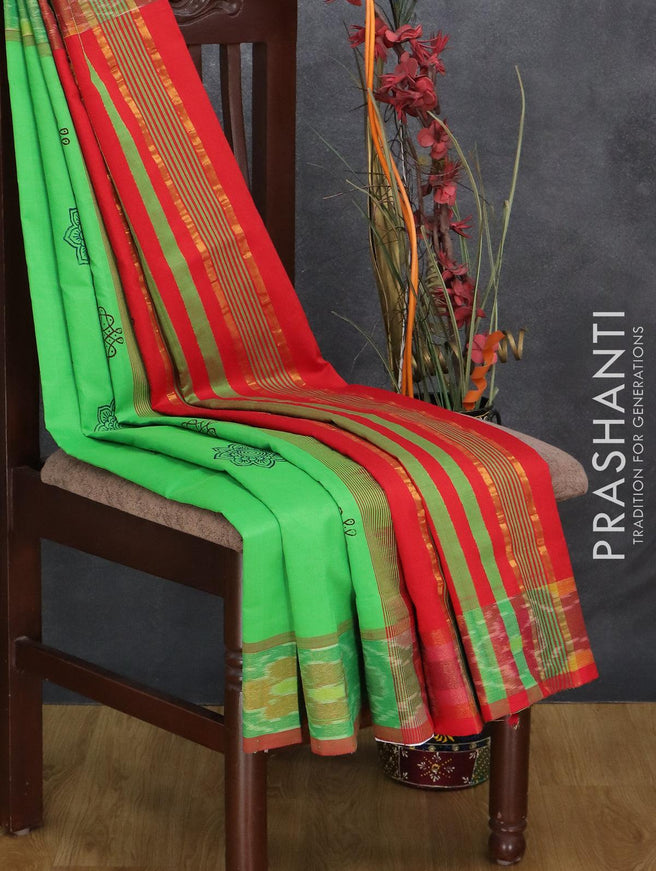 Semi silk cotton saree light green and red with butta prints and ikat zari woven border - {{ collection.title }} by Prashanti Sarees