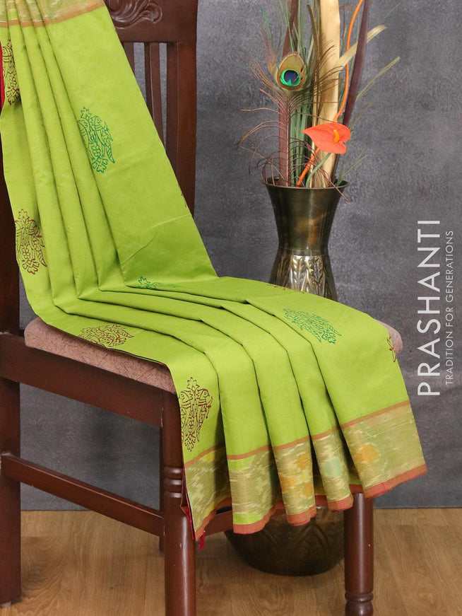 Semi silk cotton saree light green shade and maroon with butta prints and ikat woven zari border - {{ collection.title }} by Prashanti Sarees