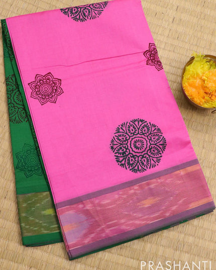 Semi silk cotton saree light pink and green with allover butta prints and ikat zari woven border - {{ collection.title }} by Prashanti Sarees