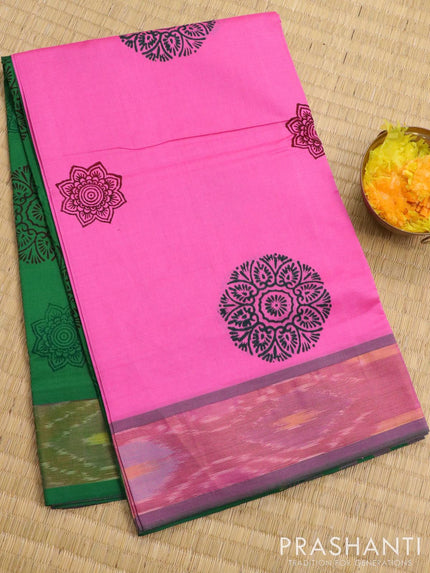 Semi silk cotton saree light pink and green with allover butta prints and ikat zari woven border - {{ collection.title }} by Prashanti Sarees