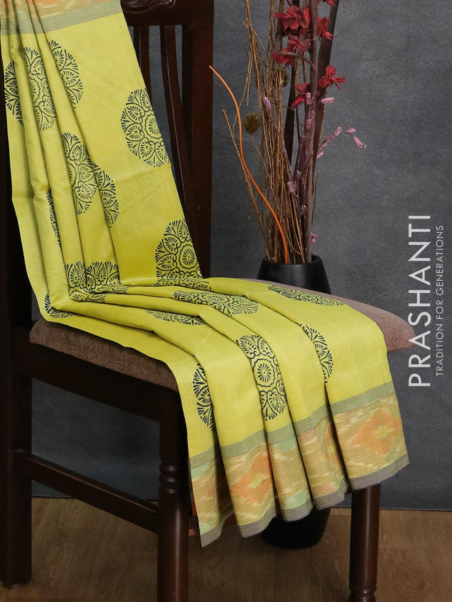 Semi silk cotton saree lime yellow and blue with butta prints and ikat woven zari border - {{ collection.title }} by Prashanti Sarees