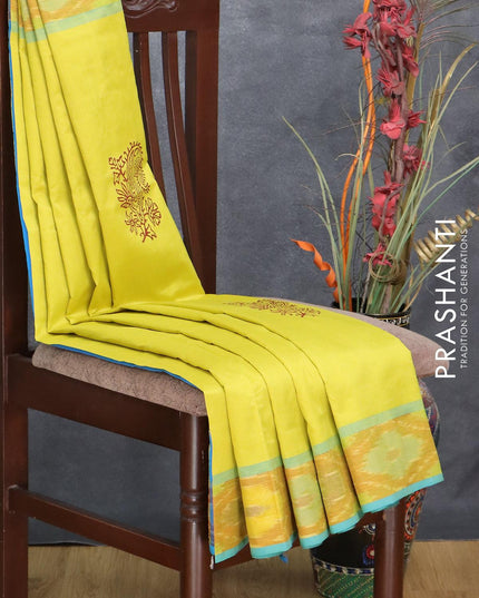 Semi silk cotton saree lime yellow and light blue with allover butta prints and ikat zari woven border - {{ collection.title }} by Prashanti Sarees
