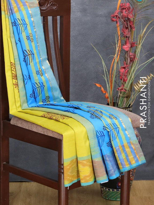 Semi silk cotton saree lime yellow and light blue with allover butta prints and ikat zari woven border - {{ collection.title }} by Prashanti Sarees