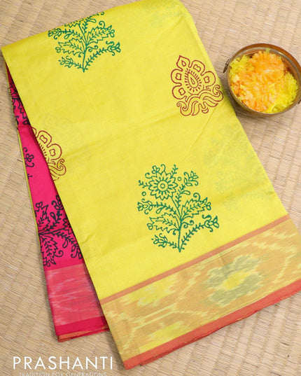 Semi silk cotton saree lime yellow and pink with floral butta prints and ikat woven zari border - {{ collection.title }} by Prashanti Sarees