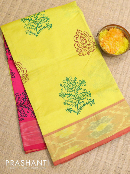 Semi silk cotton saree lime yellow and pink with floral butta prints and ikat woven zari border - {{ collection.title }} by Prashanti Sarees