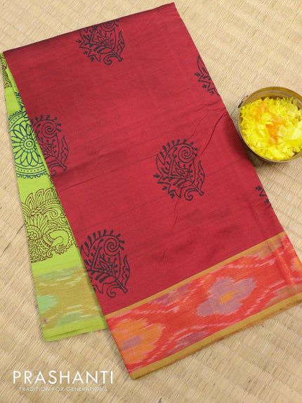 Semi silk cotton saree maroon and light green with butta prints and ikat woven zari border - {{ collection.title }} by Prashanti Sarees