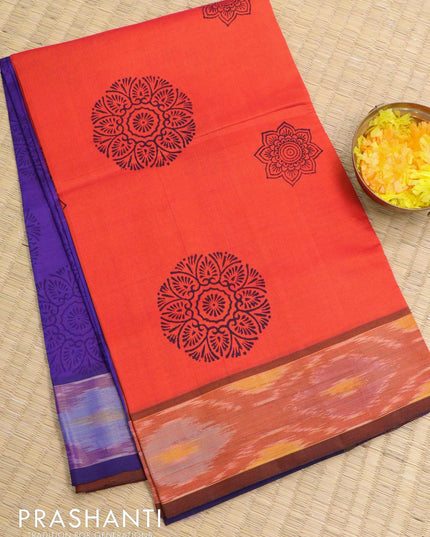 Semi silk cotton saree orange and blue with butta prints and ikat woven zari border - {{ collection.title }} by Prashanti Sarees