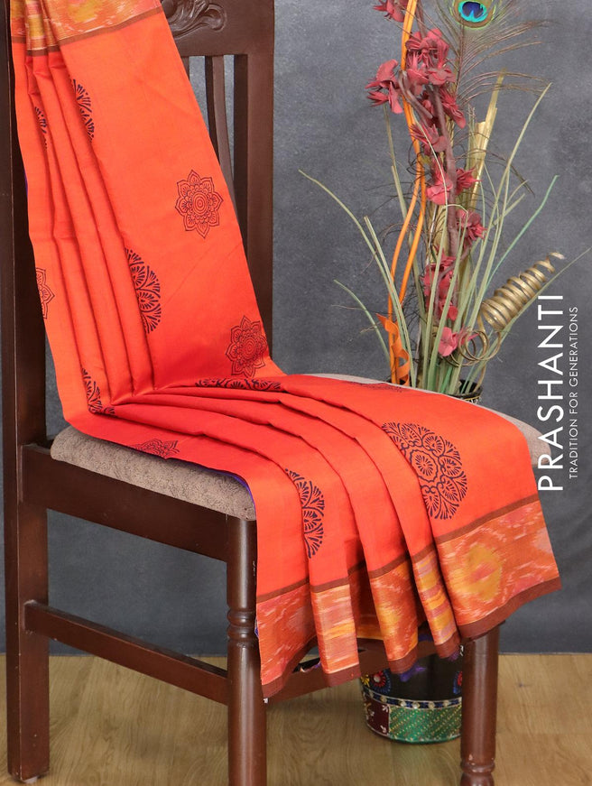 Semi silk cotton saree orange and blue with butta prints and ikat woven zari border - {{ collection.title }} by Prashanti Sarees