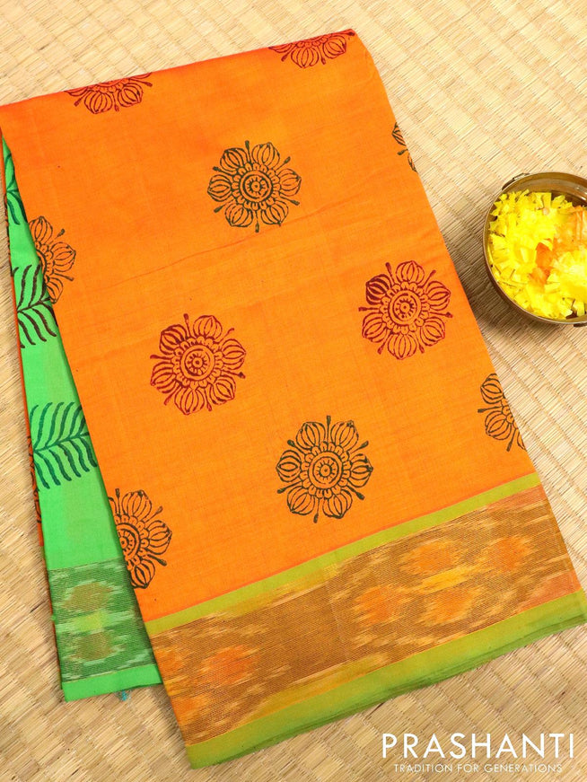 Semi silk cotton saree orange and green with allover butta prints and ikat woven zari border - {{ collection.title }} by Prashanti Sarees