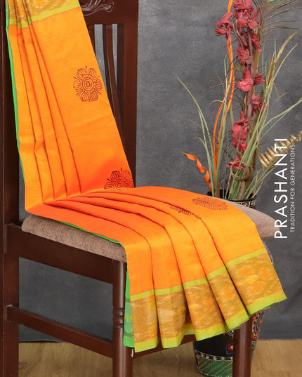 Semi silk cotton saree orange and green with allover butta prints and ikat woven zari border - {{ collection.title }} by Prashanti Sarees