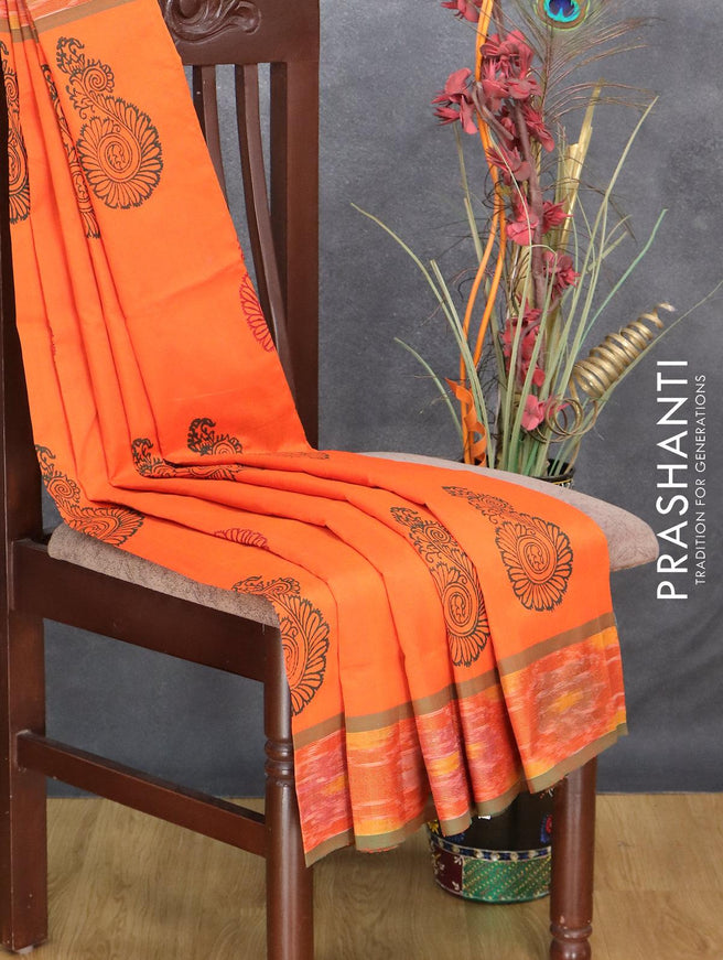 Semi silk cotton saree orange and green with floral butta prints and ikat woven zari border - {{ collection.title }} by Prashanti Sarees
