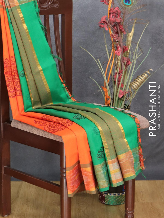 Semi silk cotton saree orange and green with floral butta prints and ikat woven zari border - {{ collection.title }} by Prashanti Sarees