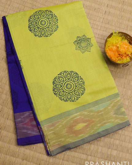 Semi silk cotton saree pale yellow and blue with allover butta prints and ikat woven zari border - {{ collection.title }} by Prashanti Sarees