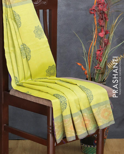 Semi silk cotton saree pale yellow and blue with allover butta prints and ikat woven zari border - {{ collection.title }} by Prashanti Sarees