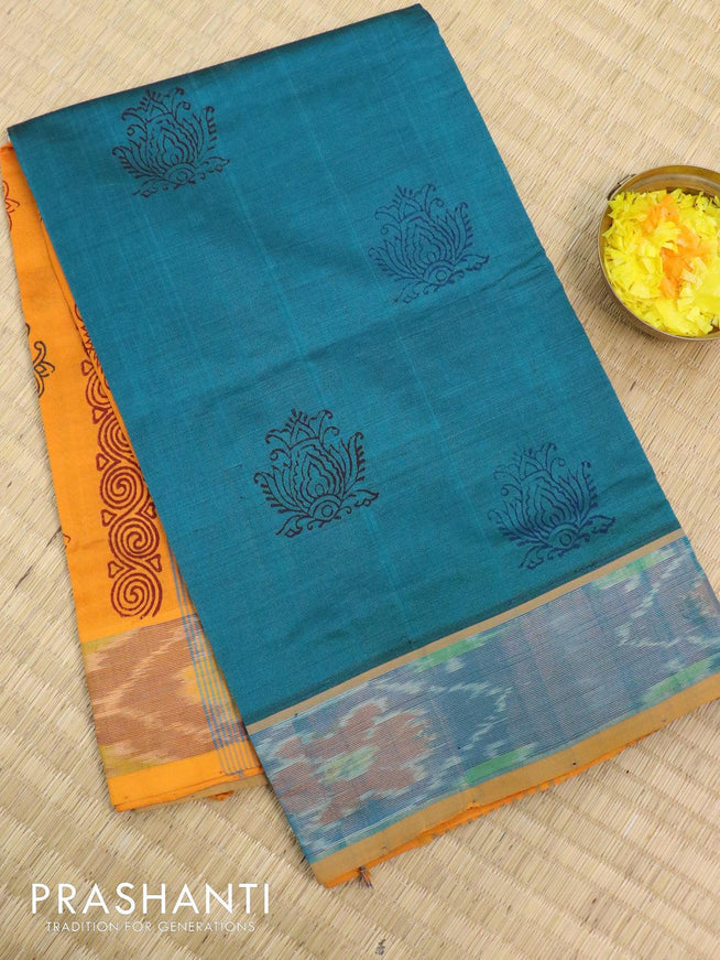 Semi silk cotton saree peacock green and mango yellow with butta prints and ikat woven zari border - {{ collection.title }} by Prashanti Sarees