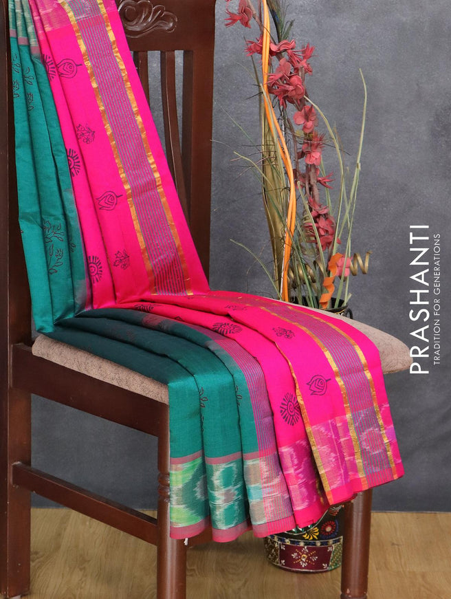 Semi silk cotton saree peacock green and pink with butta prints and ikat woven zari border - {{ collection.title }} by Prashanti Sarees
