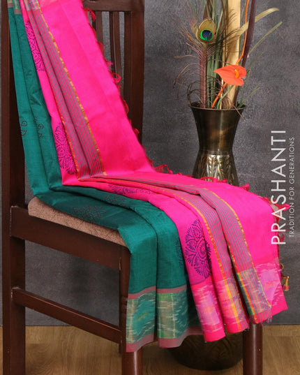 Semi silk cotton saree peacock green and pink with butta prints and ikat woven zari border - {{ collection.title }} by Prashanti Sarees