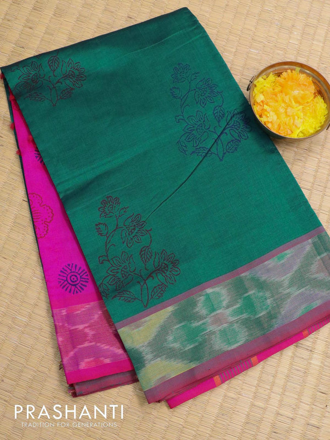 Semi silk cotton saree peacock green and pink with floral butta prints and ikat woven zari border - {{ collection.title }} by Prashanti Sarees