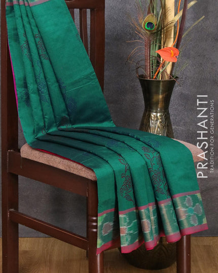 Semi silk cotton saree peacock green and pink with floral butta prints and ikat woven zari border - {{ collection.title }} by Prashanti Sarees