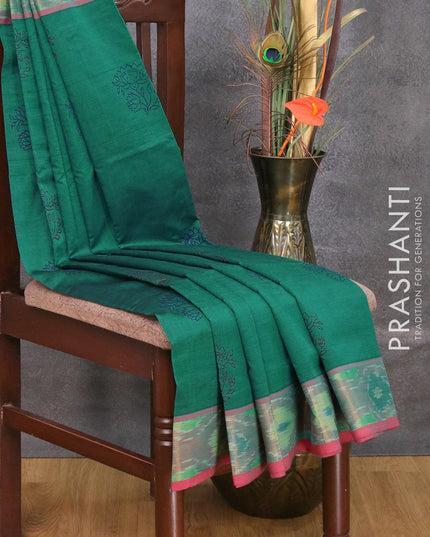 Semi silk cotton saree peacock green and pink with floral butta prints and zari woven border - {{ collection.title }} by Prashanti Sarees