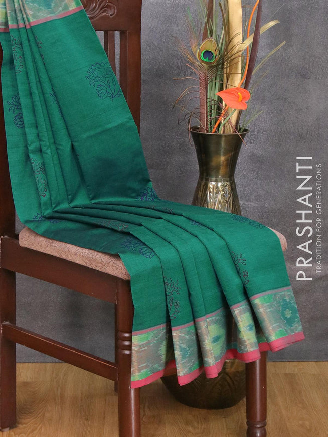 Semi silk cotton saree peacock green and pink with floral butta prints and zari woven border - {{ collection.title }} by Prashanti Sarees