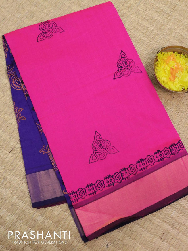 Semi silk cotton saree pink and blue with butta prints and zari woven border - {{ collection.title }} by Prashanti Sarees