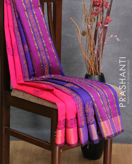Semi silk cotton saree pink and blue with butta prints and zari woven border - {{ collection.title }} by Prashanti Sarees