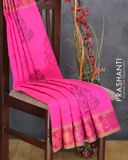 Semi silk cotton saree pink and green shade with floral butta prints and ikat woven zari border - {{ collection.title }} by Prashanti Sarees
