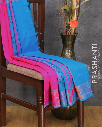 Semi silk cotton saree pink and light blue with floral butta prints and ikat woven zari border - {{ collection.title }} by Prashanti Sarees