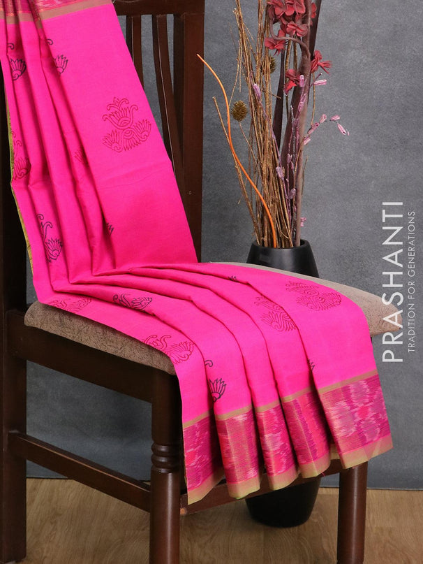Semi silk cotton saree pink and light green with butta prints and ikat woven zari border - {{ collection.title }} by Prashanti Sarees