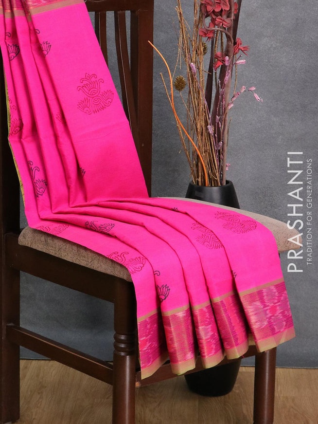 Semi silk cotton saree pink and light green with butta prints and ikat woven zari border - {{ collection.title }} by Prashanti Sarees