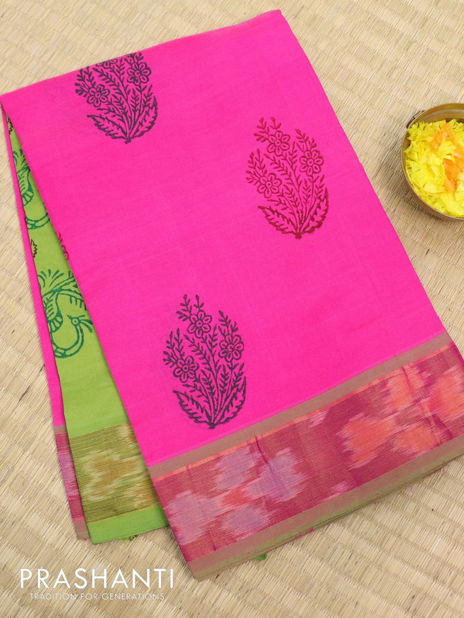 Semi silk cotton saree pink and light green with floral butta prints and ikat woven zari border - {{ collection.title }} by Prashanti Sarees